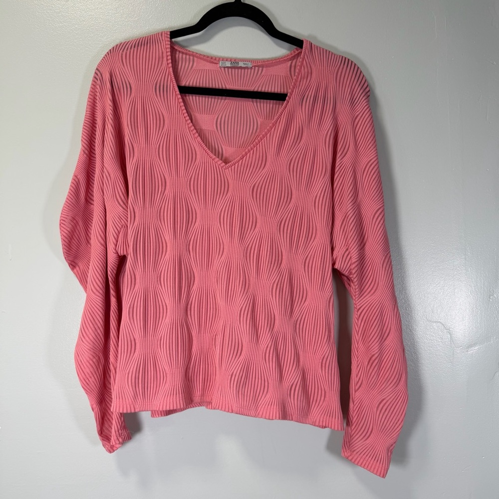 Zara Textured Ribbed Pink Bubble Puff Sleeve Knit Top Small